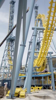 Shanghai, China: The new Giant Inverted Boomerang seen under construction at the Jinjiang Action Park in Shanghai, China. The ride is considered by some to be one of the wildest roller coaster rides in the world.