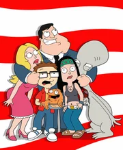 AMERICAN DAD: Figuren (Stan, Rodger, Hayley, Klaus, Steve und Francine).