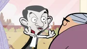 L-R: Mr. Bean (voiced by Rowan Atkinson), Mrs. Wicket (voiced by Sally Grace).