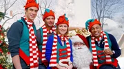 Das CSI-Team, Det. Don Flack (Eddie Cahill), Danny Messer (Carmine Giovinazzo), Lindsey Messer (Anna Belknap) und Sheldon Hawkes (Hill Harper) helfen dem Weihnachtsmann (Gino Cafarelli).