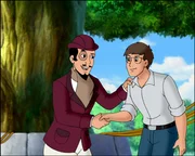 Ein Handschlag zwischen M&auml;nnern: Bernhard (r.) l&auml;sst sich von Graf Falko von Falkenstein (l.) zur Fuchsjagd &uuml;berreden.