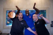 Wayde and Brett with Titus O'Neil in front of his new Florida gator themed tank.