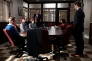 LAW & ORDER -- "Freedom of Expression" Episode 23001 -- Pictured: (l-r) Jonathan Strait as Cam's Father, Amanda Ferguson as Cam's Mother, Braxton Fannin as Cam Lawson, Todd Gearhart as Attorney Jeffries, Odelya Halevi as ADA Samantha Maroun, Hugh Dancy as ADA Nolan Price -- (Photo by: Virginia Sherwood/NBC)