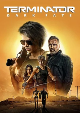 Plakatmotiv zum Film mit Sarah Connor (Linda Hamilton), Carl (Arnold Schwarzenegger), Dani Ramos (Natalia Reyes), Grace (Mackenzie Davis), Rev-9 und dem Endoskelett eines Terminators.