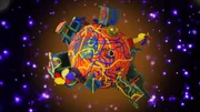 Timmi und Teddynaut landen auf einem Planeten, der &uuml;berall mit verschiedenen Farben bekleckst ist.