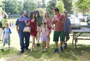 Bean Lamonsoff (Frank/Morgan Gingerich), Eric Lamonsoff (Kevin James), Roxanne Feder (Salma Hayek), Kurt McKenzie (Chris Rock), Becky Feder (Alexys Nycole Sanchez), Sally Lamonsoff (Maria Bello), Lenny Feder (Adam Sandler) and Marcus Higgins (David Spade) walking to the Ice Cream House in Columbia Pictures' GROWN UPS 2.