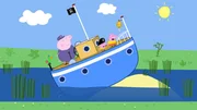 Peppa (r.) und Schorsch (Mitte) machen eine Bootsfahrt mit ihrem Opa (l.). Als das Boot auf Grund l&auml;uft, schicken sie Polly Piepmatz los, um Hilfe zu holen.