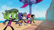 v.li.: Beast Boy, Raven, Cyborg, Starfire, Robin.