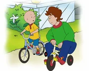 Um den traurigen Caillou wieder aufzumuntern, setzt sich Papi auf das Dreirad von Rosie. Ein lustiger Anblick.