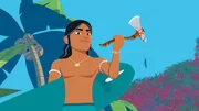 Auru hält das Beil des Schamanen Ramana triumphierend in die Höhe. Das Beil ist wiedergefunden. Auru hält das Beil des Schamanen Ramana triumphierend in die Höhe. Das Beil ist wiedergefunden.