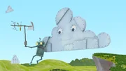 Ritter Rost versucht, den Fernsehempfang zu verbessern, indem er sich an eine von Schrottlands Wolken h&auml;ngt.