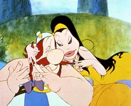 Obelix muss der Verlockung der sch&ouml;nen Priesterin widerstehen, dann hat auch er diese Aufgabe gemeistert.