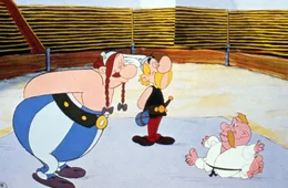 Asterix (Mi.) und Obelix sind sich sicher, dass sie den Teutonen Bombastik (re.) schlagen werden.