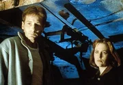 Scully (Gillian Anderson, r.) und Mulder (David Duchovny, l.) sind an Bord eines amerikanischen Kriegsschiffes, das eine Zeitreise gemacht hat und nun im Zeitraffertempo mitsamt seiner Besatzung verrottet.