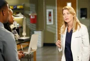 W&auml;hrend Jackson und April auf Dr&auml;ngen von Jacksons Mutter einen Ehevertrag unterschreiben sollen, stellt Meredith (Ellen Pompeo, r.) einen Assistenten (Paul James, l.) ein, den sie von Stephanie (Jerrika Hinton, M.) anfangs bewachen l&auml;sst ...