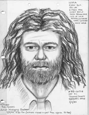 Das Bild zeigt eine gezeichnete Darstellung einer Person mit langem, welligem Haar und kurzem Bart.