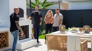 Host Mike Pyle shows homeowners Michael and Katie their new backyard's patio and outdoor oven, as seen on Inside Out, Season 2.