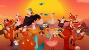 Gemeinsam feiern V&ouml;gel und F&uuml;chse einen wundersch&ouml;nen Erdbeersonnenuntergang.