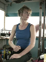 Emily inside cabin on Eroica.