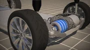Graphic depicting regenerative brakes - as you ease off the accelerator the car brakes itself. The system magnetically resists the motors rotation - slowing the car and harvesting current.