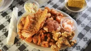 The Sampler Platter as Served at Something Fishy in Wilmington, North Carolina as seen on Diners, Drive-Ins and Dives, Season 28.