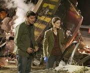 Booth und Brennan untersuchen eine Zugentgleisung.