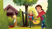 Tara, Petja und Maus stellen den Garten auf den Kopf. Sie suchen Ostereier und Schoko-Osterhasen, die die Eltern dort &uuml;berall versteckt haben.