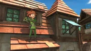 Robin Hood fühlt sich wohl, hoch oben auf den Dächern Sherwoods. Robin Hood fühlt sich wohl, hoch oben auf den Dächern Sherwoods.