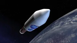 Dieses Bild ist eine digitale Darstellung der Sonde New Horizons, die in der Nutzlastverkleidung ihrer Tr&auml;gerrakete, einer Atlas-V-Rakete, eingeschlossen ist, w&auml;hrend sie die Erdumlaufbahn verl&auml;sst.
