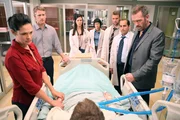 L-R: Janey (Lisa Lackey) und ihr Mann Ron (Kovar McClure) machen sich gro&szlig;e Sorgen um Ben, doch Dr. Adams (Odette Annable), Dr. Park (Charlyne Yi), Dr. Chase (Jesse Spencer), Dr. Taub (Peter Jacobson) und Dr. House (Hugh Laurie) stehen vor einem R&auml;tsel - keine Krankheit erkl&auml;rt Bens Zusammenbruch.