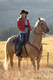 Amy (Amber Marshall) arbeitet mit dem Pferd ihres Vaters Tim.