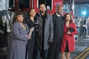 besorgt &uuml;ber einen Brand: Chandra Wilson als Dr. Miranda Bailey, Kelly McCreary als Dr. Maggie Pierce, Jesse Williams als Dr. Jackson Avery, James Pickens Jr. als Dr. Richard Webber, Debbie Allen als Dr. Catherine Avery