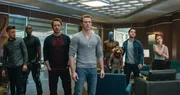 L-R: Clint Barton / Hawkeye (Jeremy Renner), James Rhodes / War Machine (Don Cheadle), Tony Stark / Iron Man (Robert Downey jr.), Steve Rogers / Captain America (Chris Evans), Nebula (Karen Gillan), Rocket, Scott Lang / Ant-Man (Paul Rudd), Natasha Romanoff / Black Widow (Scarlett Johansson).
