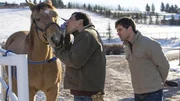Scott und Ty untersuchen das  Barrel Racing Pferd Charger (von li nach re: Nathaniel Arcand, Graham Wardle.)