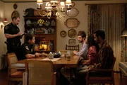 THE BURBS -- "Only One Way Out" Episode 108 -- Pictured: (l-r) Keenan Henson as Officer Hunter, Max Carver as Officer Daniels, Jack Whitehall as Rob, Keke Palmer as Samira, Kapil Talwalkar as Naveen -- (Photo by: Elizabeth Morris/Peacock)