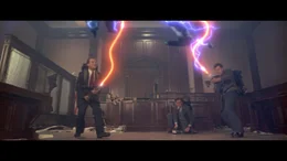 Venkman (Bill Murray, li.),  Spengler (Harold Ramis, Mitte) und Stantz (Dan Aykroyd, re.)  laden ihre Protonen-Kanonen durch und stellen sich der schleimigen Invasion