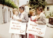 v.li.: Marianne M&uuml;hlhuber (Waltraut Haas), Hofrat Geiger (Rudolf Prack), Mariandl M&uuml;hlhuber (Cornelia Froboess), Peter Hofer (Peter Weck).