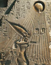 Egypt, Tell el-Amarna, Bas-relief depicting Amenhotep IV (Pharaoh Akhenaten) while worshiping the solar disc, eighteenth dynasty, New Kingdom, limestone.