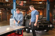 Mike Brewer and Ant Anstead with Mustang and hood. Mike Brewer and Ant Anstead with Mustang and hood.
