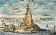 Gravur, die den Leuchtturm von Alexandria (&Auml;gypten) darstellt. Entnommen aus dem Werk &bdquo;Entwurf einer historischen Architektur&ldquo; von Johann Bernhard Fischer von Erlach.