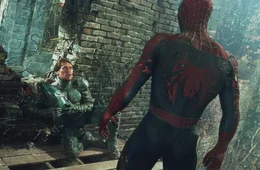 Spider-Man (Tobey Maguire, r.) ist es gelungen, seinen b&ouml;sen Gegenspieler (Willem Dafoe, l.) in die Knie zu zwingen. Doch wird er ihn f&uuml;r immer unsch&auml;dlich machen k&ouml;nnen?