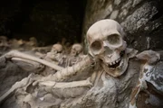 Eine Nachbildung des Sch&auml;dels eines Opfers, das w&auml;hrend des Ausbruchs des Vesuvs sich an der K&uuml;ste Schutz gesucht hatte.