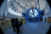 Behind the scenes of Director Nathaniel Kahn and Nick Higgins filming Markus Kissler-Patig, Julianne Dalcanton and Matt Mountain in front of the Gemini Telescope.