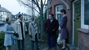 L - R: Lorraine Warren (Vera Farmiga), Ed Warren (Patrick Wilson), Maurice Grosse (Simon McBurney), Vic Nottingham (Simon Delaney), Peggy Hodgson (Frances O'Connor)