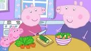 Peppa Wutz (2.v.li.) mit ihrem kleinen Bruder George und ihren Eltern bei den Essensvorbereitungen.