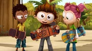 Im Freizeitpark fahren Angelo und seine Freunde Skateboard.