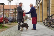 Otto Stein (Rolf Becker, re.) ist ein Hund zugelaufen. Da er ihn nicht mit in die Cafeteria nehmen kann, bittet er kurzerhand Dr. Roland Heilmann (Thomas R&uuml;hmann, li.) nach dessen Dienstschluss eine Runde mit dem Streuner zu drehen. Roland ist alles andere als begeistert.