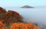 Diese Wacholderheide auf einem Bergkegel vulkanischen Ursprungs schaut aus dem umliegenden Nebelmeer heraus. Die Bergh&auml;nge des Albtraufs sind mit Buchenw&auml;ldern bewachsen.