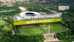 Titel "Helden der Propaganda - Sportler in der NS-Zeit" &uuml;ber dem Olympiastadion von Berlin.
