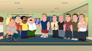 Peter (4.v.l.) und seine Freunde Joe (l.), Quagmire (2.v.l.) und Cleveland (3.v.l.) haben die lauten Partys ihres neuen Nachbarn Rob Gronkowski (M.) endg&uuml;ltig satt und stellen ihn zur Rede ...